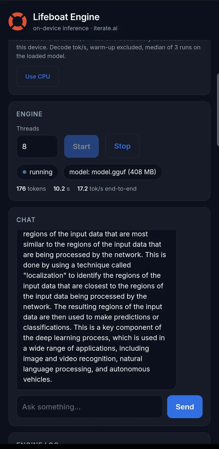 The same console while serving: the engine reports running, a throughput line reads 176 tokens in 10.2 s at 17.2 tok/s end-to-end, and a chat exchange is shown below it