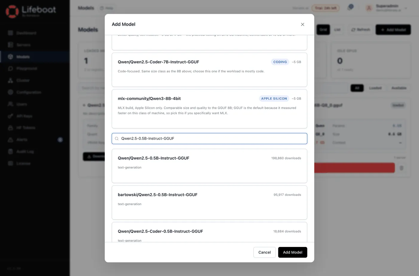 The Add Model dialog on its HuggingFace tab, searching the Hub for a repository to add to the registry