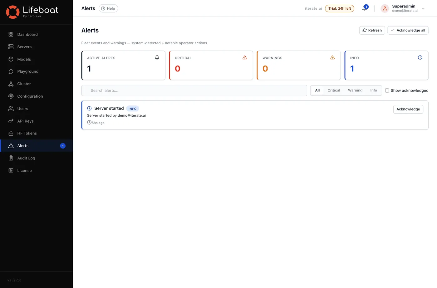 The Alerts page showing health events raised by the control plane
