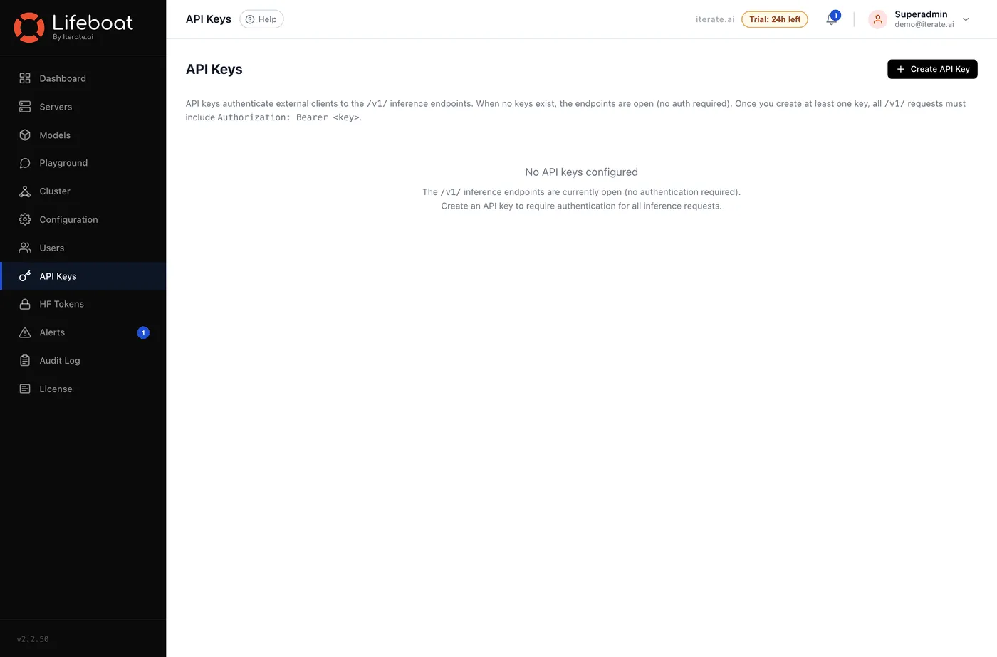 The API Keys page, where keys are minted and revoked