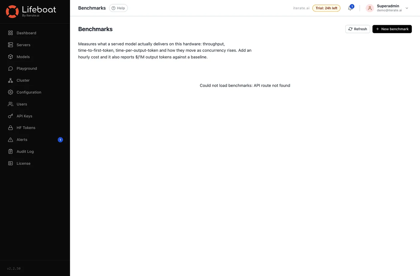 The Benchmarks page, where a concurrency sweep is run against a running server