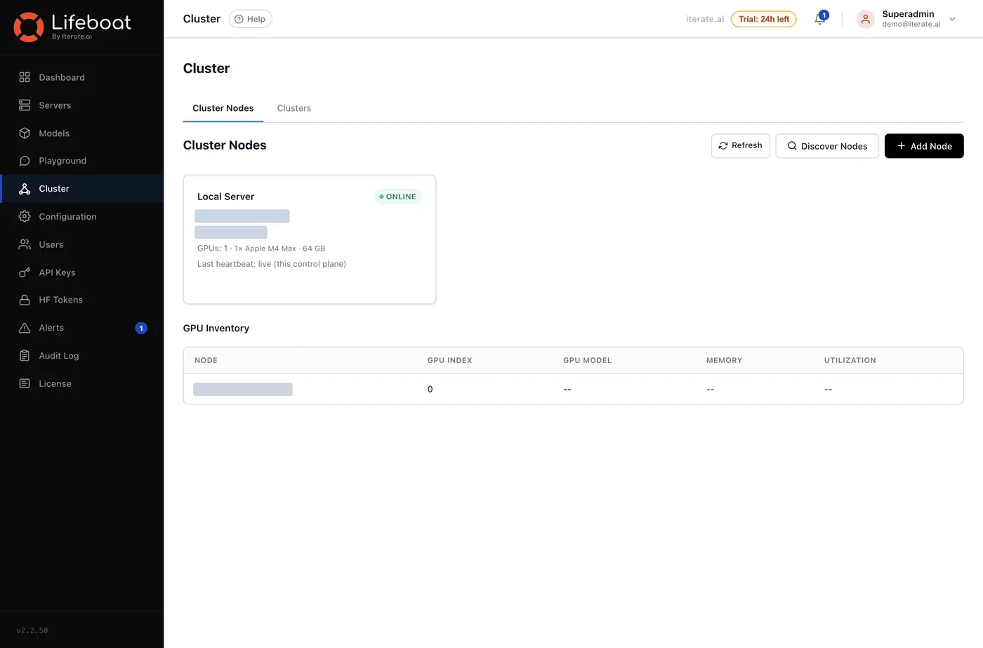 The Cluster page: the local node with its accelerator and heartbeat, the GPU inventory table, and Add Node for joining another machine