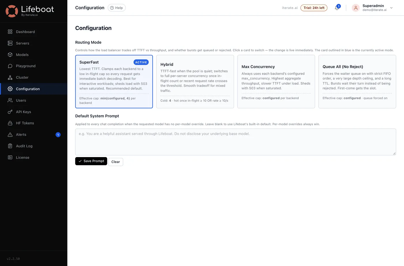 The Configuration page, where the routing mode and other control-plane settings are set