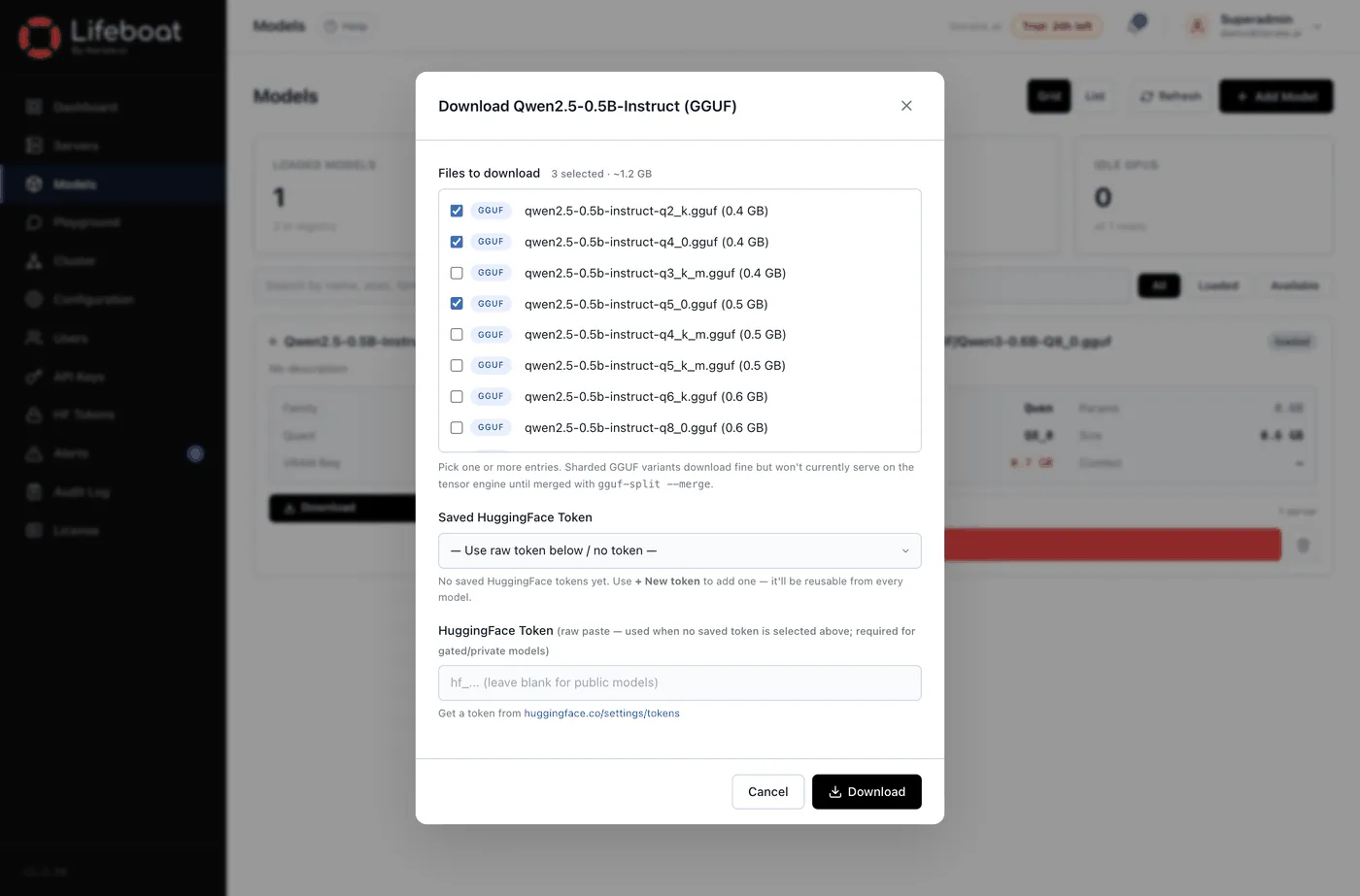 The variant picker listing every GGUF quantization in the repository with its size, checkboxes to choose which to fetch, and a running total of the selection