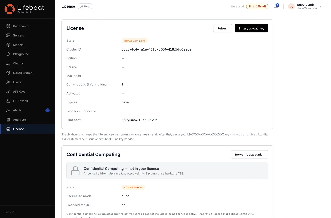 The License page showing the current entitlement, the cluster ID and the activation controls