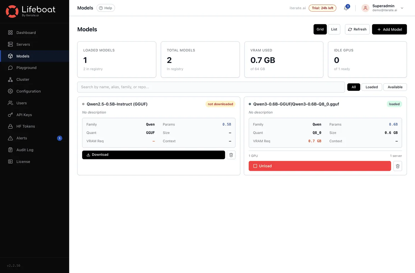The Models page: each model as a card with its family, quantization, size and VRAM requirement, a Download button on models not yet fetched, and Add Model at the top right