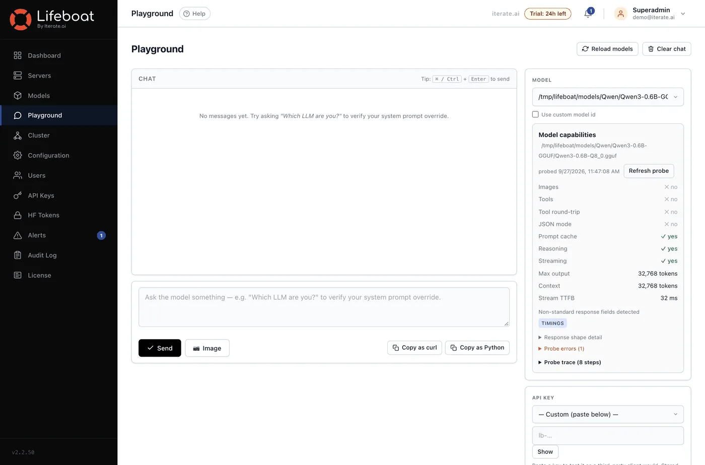 The Playground: a chat pane against a running model, with model selection and generation settings