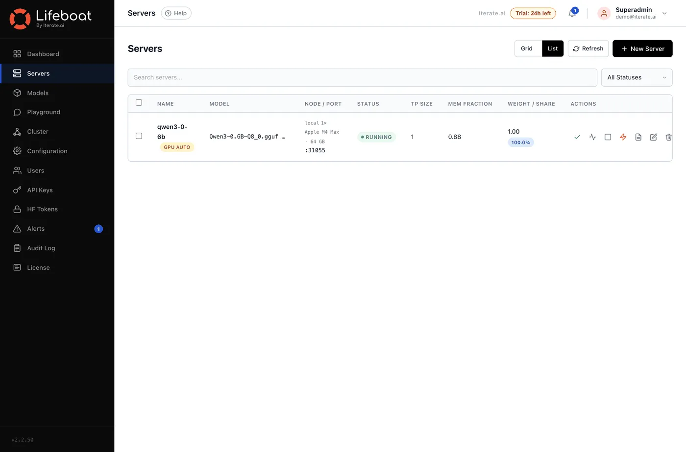 The Servers page listing each inference server with its model, port, status and controls to start and stop it